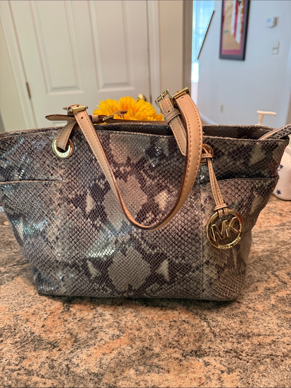Michael Kors Neutral Snake-Print Tote with Gold Charm